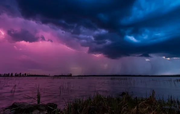 The sky, clouds, nature, lake, lightning