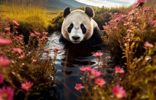 Summer, look, face, water, clouds, flowers, mountains, nature
