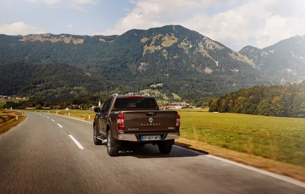 Road, mountains, back, Renault, brown, pickup, 4x4, 2017