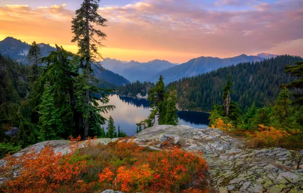 Autumn, forest, sunset, mountains, lake, ate, Mount Rainier National Park, National Park mount Rainier