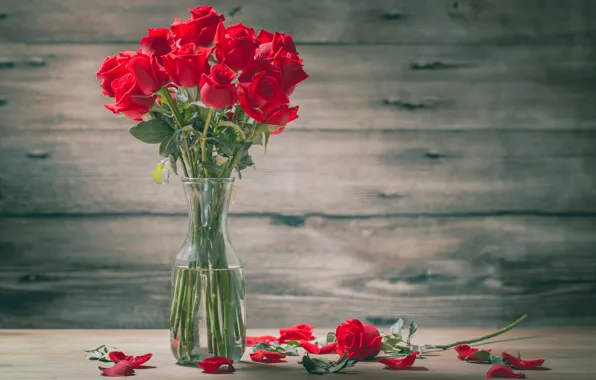 Picture flowers, red, roses, bouquet, petals, vase, Kidsada Manchinda