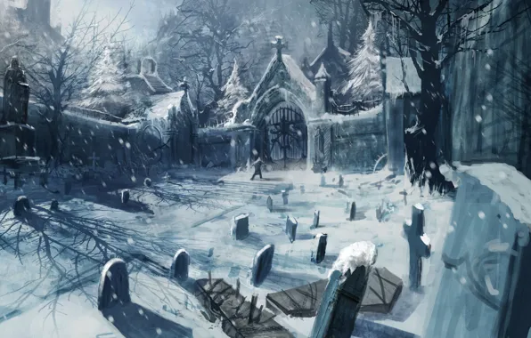 Picture winter, snow, cemetery, Art