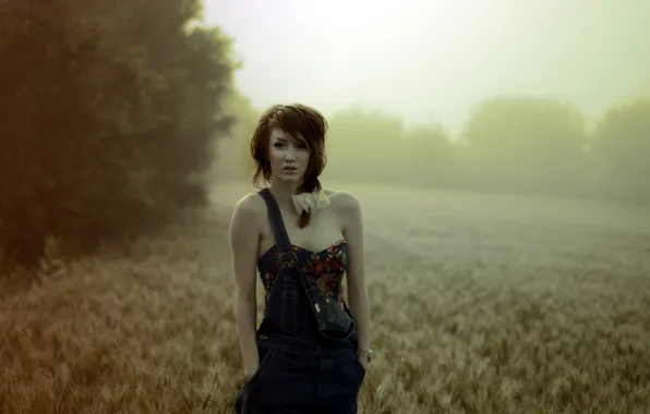 Field, girl, fog, mood