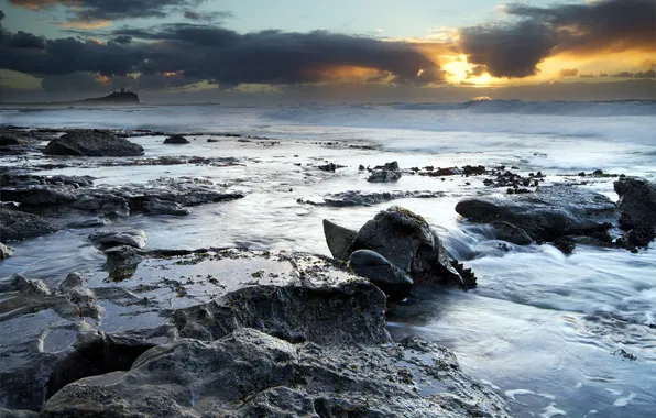 Sea, landscape, sunset, stones