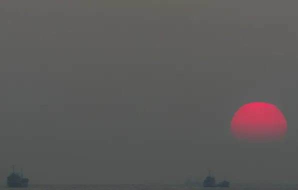 Sea, the sky, the sun, sunset, ship