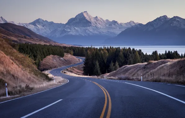 Road, mountains, river, hills, dal, curves, forest, overview