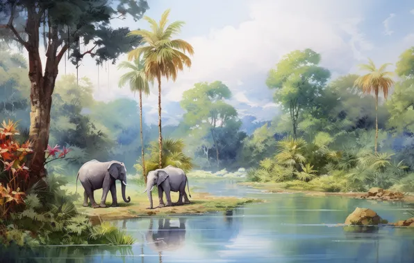 Flowers, nature, tropics, palm trees, shore, elephant, watercolor, painting