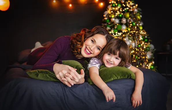 Joy, holiday, woman, new year, girl, tree, mom, child