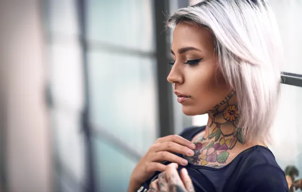 Face, model, portrait, makeup, piercing, tattoo, hairstyle, blonde