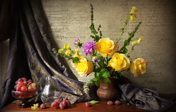 Photo, Flowers, Vase, Roses, Grapes, Still life, Pitcher