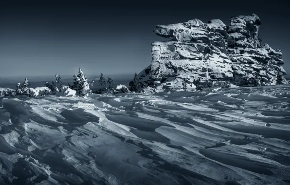 Picture wave, snow, trees, stones, Mountain Shoria, Tashtagol district