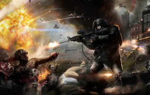The explosion, weapons, soldiers, helicopter, tank, zombies. battle
