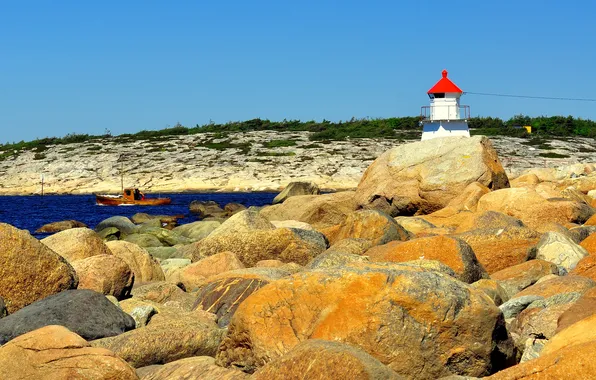 Sea, stones, coast, lighthouse, Norway, boat, Ostfold, Spjaer
