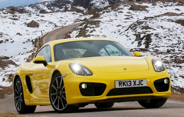 Road, auto, snow, lights, mountain, Porsche, the front, Cayman S