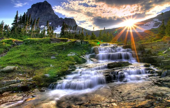 Picture greens, water, the sun, mountains, nature, rocks, hills, waterfall