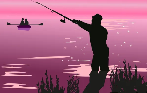 Picture nature, boat, vector, fisherman, silhouette, pair, rod