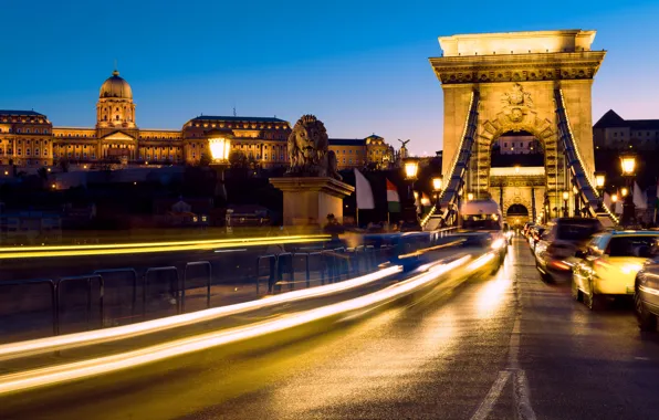 Road, night, lights, movement, lights, Hungary, Budapest