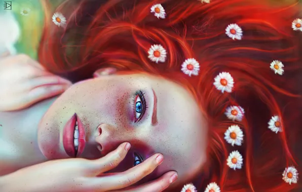 Eyes, look, girl, face, freckles, red, flowers