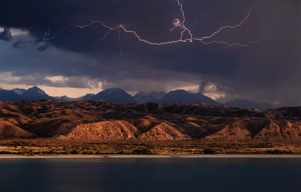 Mountains, clouds, lake, lightning, horizon, bad weather, Tightrope Walker, stormy sky