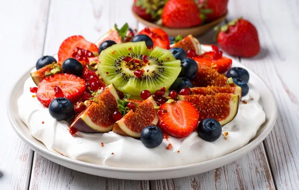 Berries, kiwi, blueberries, strawberry, plate, cake, bowl, fruit