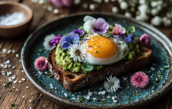 Flowers, table, Board, egg, plate, bread, scrambled eggs, sandwich