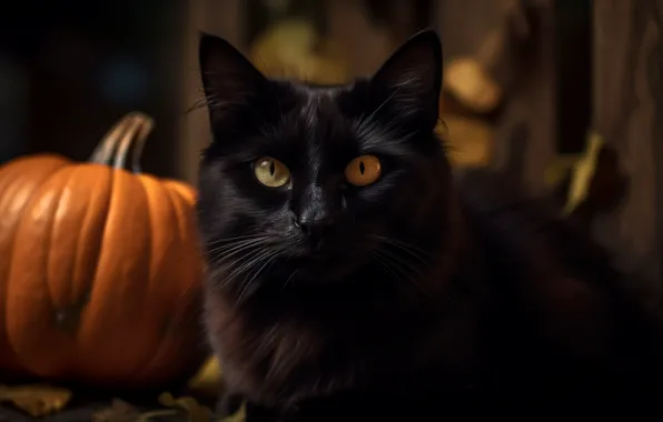 Autumn, cat, cat, look, black, portrait, art, pumpkin