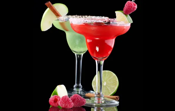 Picture raspberry, background, black, apple, Apple, glasses, cocktail, lime