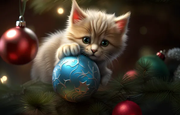Cat, look, balls, branches, pose, kitty, blue, pattern