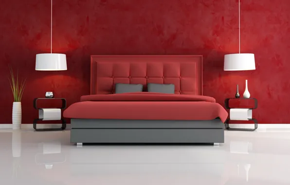 White, red, style, room, bed, vases
