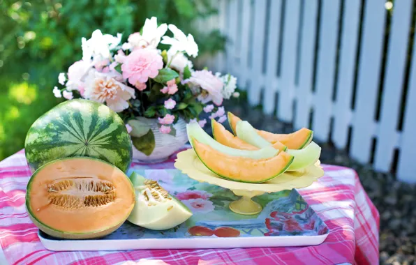 Picture summer, flowers, table, the fence, watermelon, garden, vase, slices