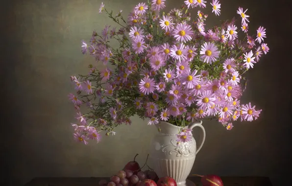Flowers, bouquet, grapes, pink, still life, pear, chrysanthemum