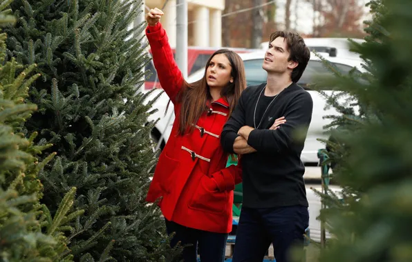 Picture tree, Ian Somerhalder, look, coat, Nina Dobrev, lovers, pair, male