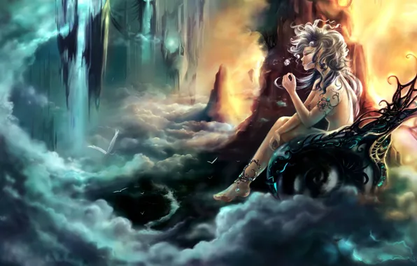 Flower, girl, clouds, birds, dandelion, heaven, figure, fantasy