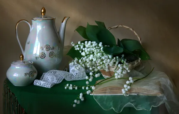 Flowers, basket, texture, dishes, book, lilies of the valley, lace, veil