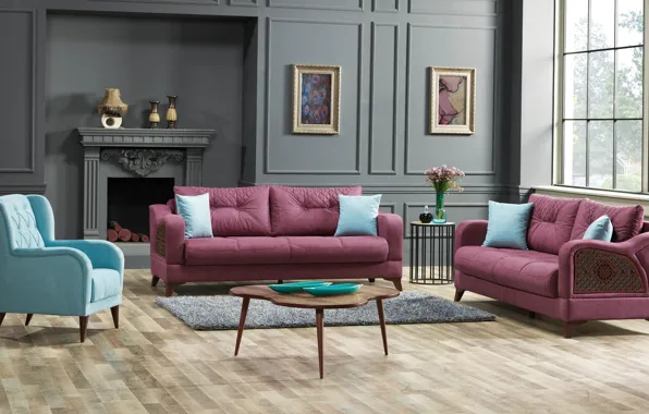 Design, style, room, interior, fireplace, living room, upholstered furniture