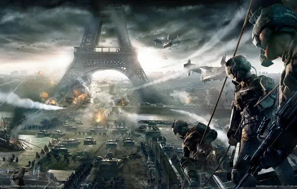 War, Eiffel tower, Paris, helicopters, soldiers, game, tanks, tom clancy's