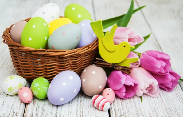 Picture flowers, eggs, spring, colorful, Easter, tulips, happy, wood