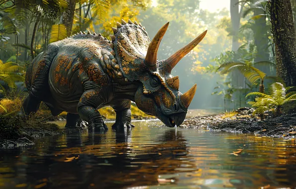 Water, Mountains, Trees, Dinosaur, Horns, River, Triceratops, Animal