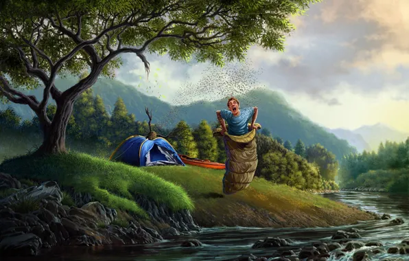Picture forest, trees, river, art, tent, guy, sleeping bag, beehive