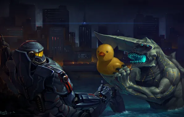 Picture the city, lake, robot, monster, humor, art, Bay, duck