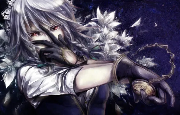 Girl, flowers, watch, gesture, touhou, izayoi sakuya, art, cham811