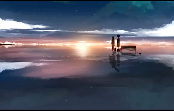 Water, clouds, sunset, bench, reflection, weapons, horizon, girl