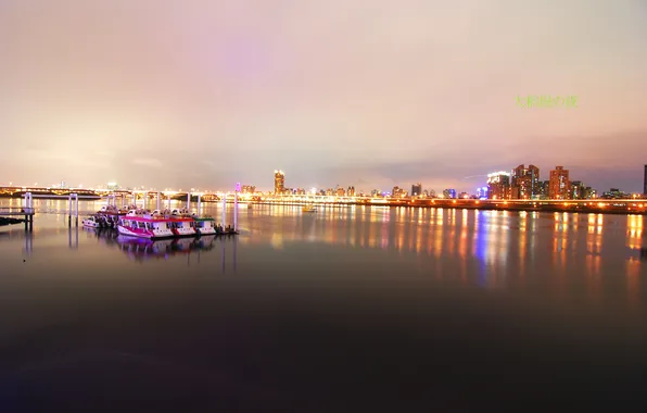 The city, lights, boat, pier, twilight