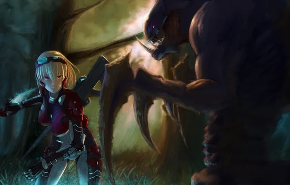 Picture forest, girl, glasses, costume, starcraft, Zerg