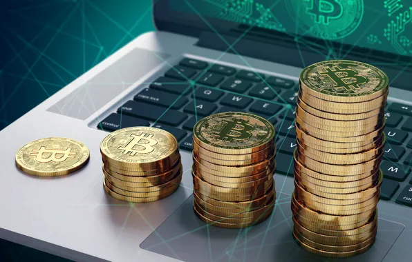 Laptop, coins, notebook, bitcoin, stack, bitcoin, btc