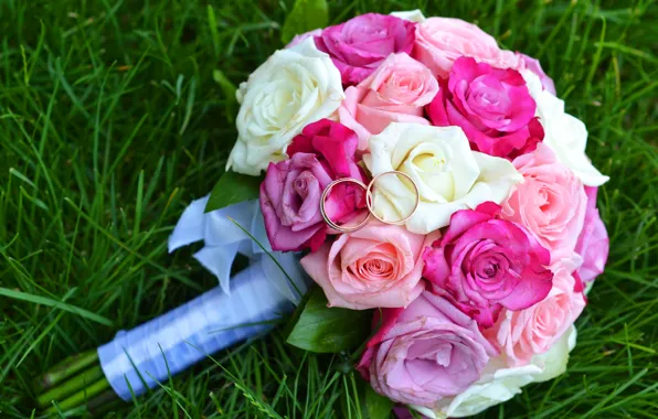 Grass, roses, bouquet, ring, wedding, wedding
