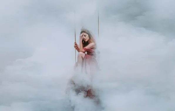 Picture girl, clouds, pose, fog, swing, crown, dress, Princess