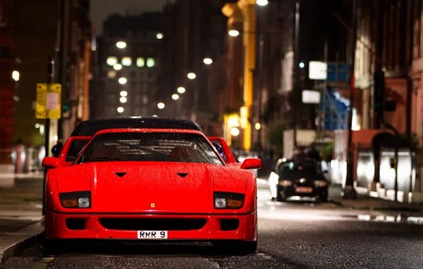 Drops, night, the city, street, wet, Ferrari, F 40