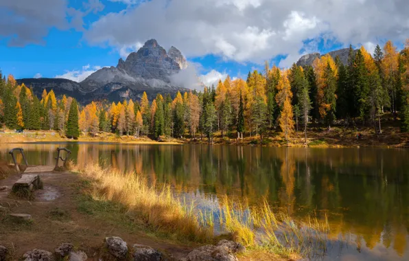 Autumn, forest, clouds, light, mountains, lake, reflection, blue