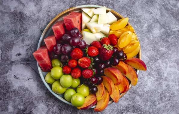 Picture berries, plate, fruit, different, a lot, cuts
